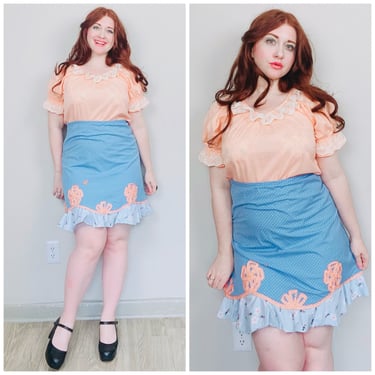 1990s Y2K Vintage Twee Bumble Bee Mini Skirt / 90s High Waisted Blue Cotton Ruffled Skirt Size XL - XXL 