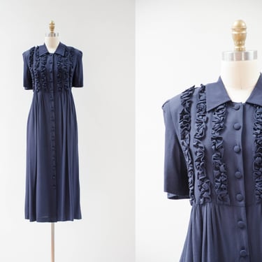 cute cottagecore dress | 80s 90s vintage navy blue ruffled loose tie back corset oversized midi dress 