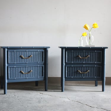 Vintage Nightstand Pair//Refinished Faux Bamboo and Wicker Bedside Tables 
