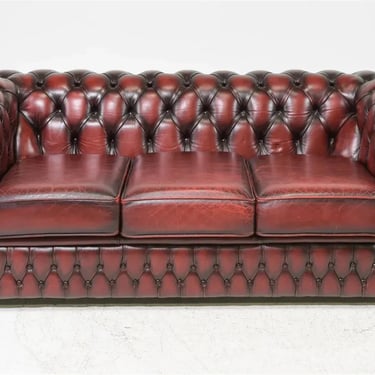 Sofa, Chesterfield, British, Red Leather, Button Tufted, 3- Seater, From England