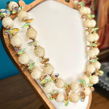 Vintage VENDOME Necklace Sugared Uranium Glass & Crystal Iridescent Bead jewelry 