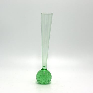 vintage Scandinavian style art glass bud vase with controlled bubbles/green and clear 