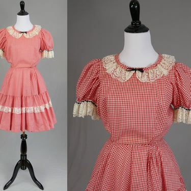 60s 70s Square Dance Rockabilly Dress - Red and White Gingham Check - Full Circle Skirt - Lace Trim - Vintage 1960s 1970s L XL 