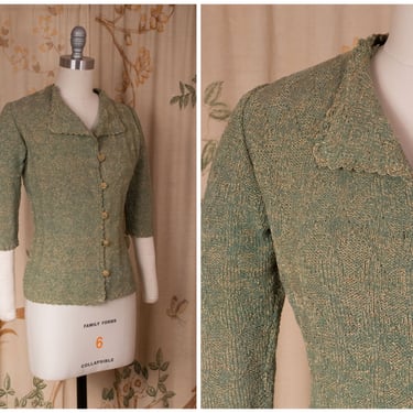 1940s Sweater - Vintage 40s Silk Yarn Short Sleeve Cardigan in Seafoam Green with Gold 