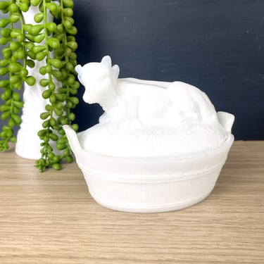 Milk glass cow on a nest bucket covered dish - vintage decor 
