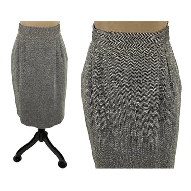 90s Herringbone Tweed Skirt Medium - 29" Wool Blend Pockets High Waist Midi Pencil Skirt - 1990s Clothes Women Vintage - NORTON McNAUGHTON 