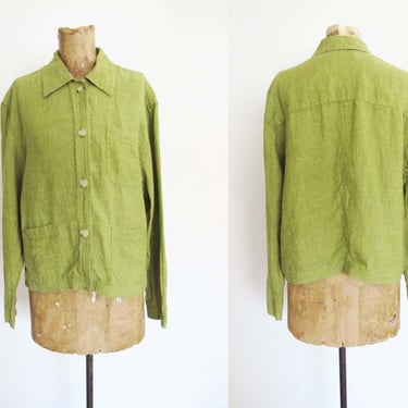 Vintage 90s Linen Blend Boxy Jacket S M - 1990s Green Linen Collared Button Up Jacket  - Minimalist Jacket 