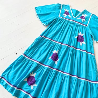 1980s Blue Floral Tiered Dress 