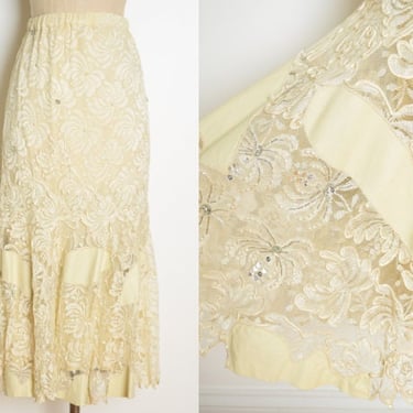 vintage 80s skirt cream lace leather insert high waisted midi flapper M L clothing 