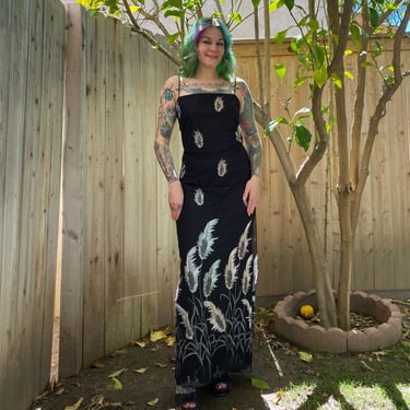 Y2K 2000’s Black Tulle Maxi Dress with Embroidered Plant Detail 