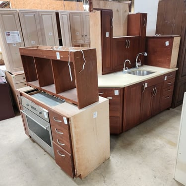 7 Piece Set of Kitchen Cabinets with Wall Oven and Stone Countertop with Sink and Faucet