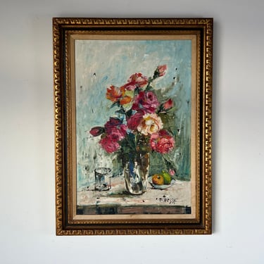 Italian E. Dessey " Roses " Still Life Oil Painting , Framed 