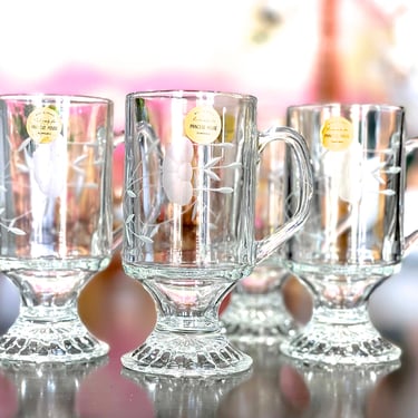 VINTAGE: Italian Princess House Clear Flower Etched Glass Set in Box - Irish Coffee Mugs Pedestal Mugs 