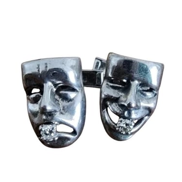 Vintage Sterling Silver Cufflinks w/Diamonds Comedy Tragedy Theater Masks 