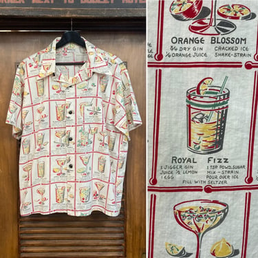 Vintage 1940’s Atomic Cocktail Drinks Tiki Cotton Hawaiian Rockabilly Shirt, 40’s Pop Art, Vintage Clothing 