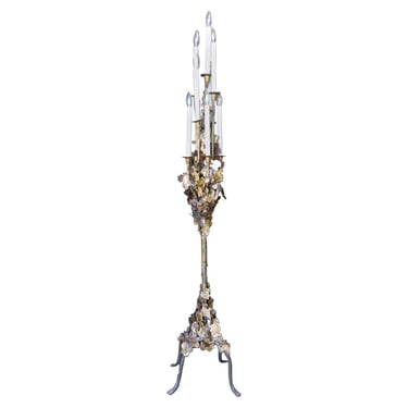 Tom Greene Style Brutalist Torch-Cut Brass Torchiere Floor Lamp 