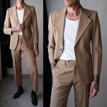 Vintage 70s Yves Saint Laurent Archival YSL Logo Button Camel Tan Flare Leg Suit | Made in France | 1970s YSL Designer Tailored Mens Suit 