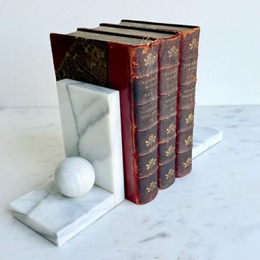 Vintage Marble Sphere Bookends Spherical Orb Mid Century Art Deco White Marble Bookends Stone Modern Set of Two Vintage Shelf Decor 