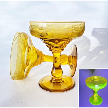 Vintage Uranium Glass Coupes | Amber Vaseline Stemware | Glowing Georgian Crystal Cocktail Glasses | 1930s John Walsh Collectible 