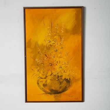 Mid Century Modern Painting Original Oil Art Abstract Flower Floral Orange Knife