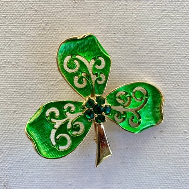 Vintage St. Patrick's Day Brooch, Green Clover With Green Rhinestones, Signed By BE?, Saint Paddy's Day Pin 