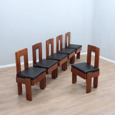 Set of 6 Brutalist solid wood chairs, Italy 1960s 