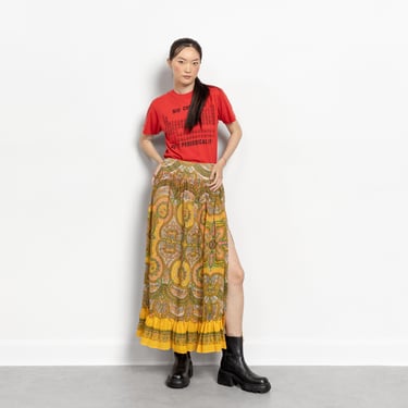 70'S MAXI SKIRT HIPPIE Boho Yellow Orange Paisley Designer Statement Floor Length / Small /  26 27 Waist 