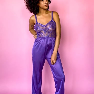 1980s Purple Lace Jumpsuit, sz. S/M