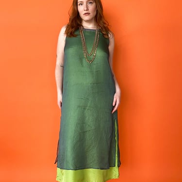 Y2K Eileen Fisher Lime &amp; Teal Sheer Silk Dress, sz. L