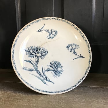 French Faïence Serving Bowl, Compote, Floral Indigo Cornflowers, Opaque Ironstone, Floral Pattern, Fruit Bowl, Pedestal, Tea Stained 