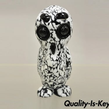 Vtg Italian Mid Century Heavy Art Glass Owl Figure Paperweight Black and White