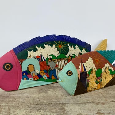Vintage Painted Wood Fish, Mexico, Mexican Folk Art, Wooden Hand Carved And Painted, Story Telling Paintings, Hispanic Art, Boho Decor 