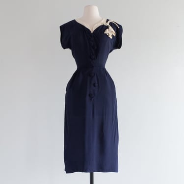 Fabulous 1940's Navy Rayon Day Dress With Rhinestone Tulip Applique / Small