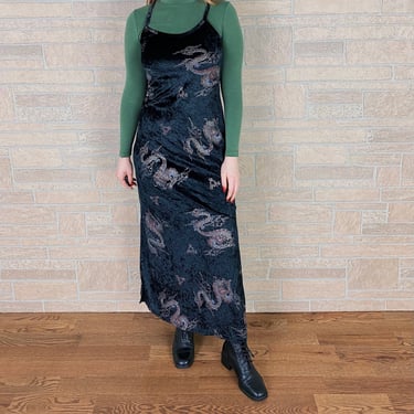 90's Black Velvet Dragon Maxi Dress 