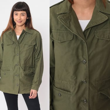 90s Military Jacket Olive Green Army Commando Cargo Field Jacket Shoulder Epaulette Button Up Olive Drab Green Jacket 1990s Large 12 L 