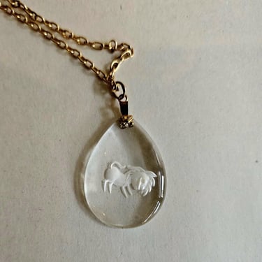 mid century Leo the Lion Astrological etched crystal pendant on 10 K gold fill chain 