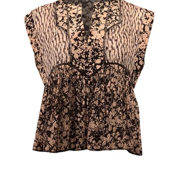 Rebecca Taylor - Black & Blush Floral Print Silk Blend Blouse Sz 2