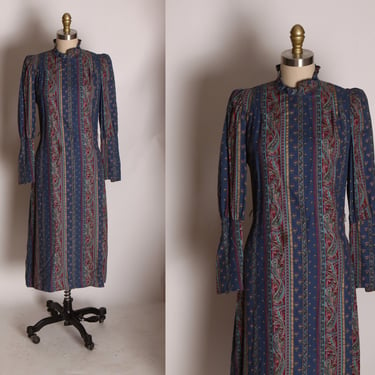 1970s Dark Blue, Tan and Burgundy Striped Paisley Long Sleeve Dress by Belle France -M 