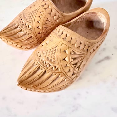 Vintage Hand Carved Wooden Clogs Dutch Swedish Intricate Wood Shoes Wood Mules Unpainted Rustic Sauna Shoes Display European Antique 