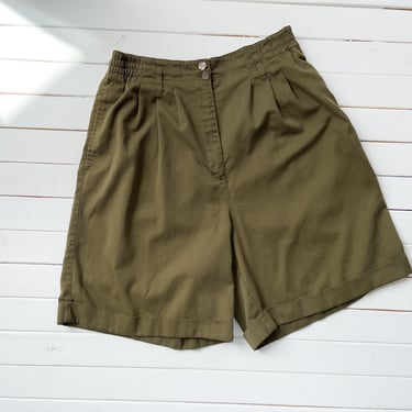 high waisted shorts | 90s vintage dark olive green brown pleated cotton khaki trouser shorts 