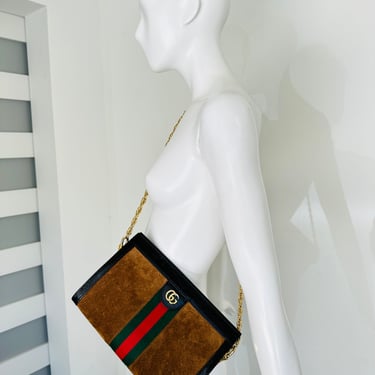 Gucci Suede Patent Web Small Ophidia Chain Shoulder Bag Nocciola Black