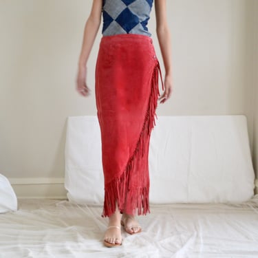 red suede fringed wrap ankle length western skirt / 31w 