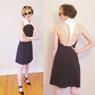 90s Does 60s Little Black Dress Large White Collar Open Back / Morton Myles Party Dress Rhinestone Button Down Front A Line / M 