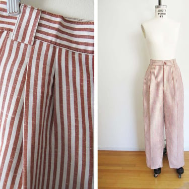 Vintage 90s Striped Linen Pants 27 - 1990s High Waist Rust Brown Cream Women Trousers Pants Lined - Minimalist Preppy Academia Style 