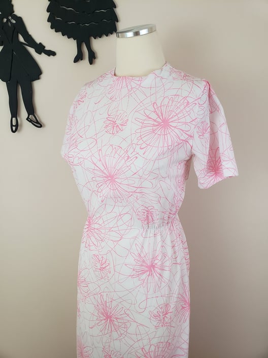 Vintage 1950's Floral Dress / 60s Pink Atomic Spiral Day Dress S 