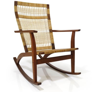 Rare Hans Olsen for Juul Kristensen Teak Cane Rocking Chair