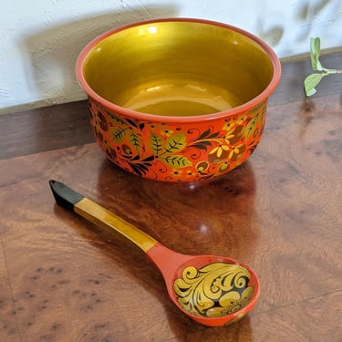 Vintage USSR Russian Folk Lacquered Bowl and Spoon 