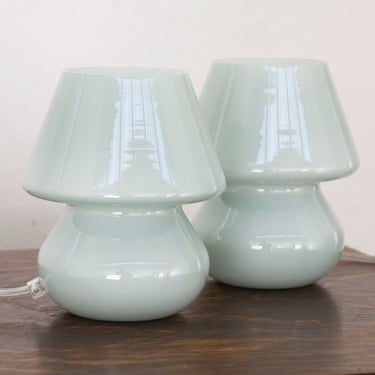 Set of 2 Green Murano glass mushroom lamp height 18cm, Made in Italy design table lamp 