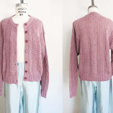 Vintage 80s Cable Knit Mohair Blend Cardigan S M - Grunge Baggy Mauve Pink Fuzzy Cozy Knitted Sweater 