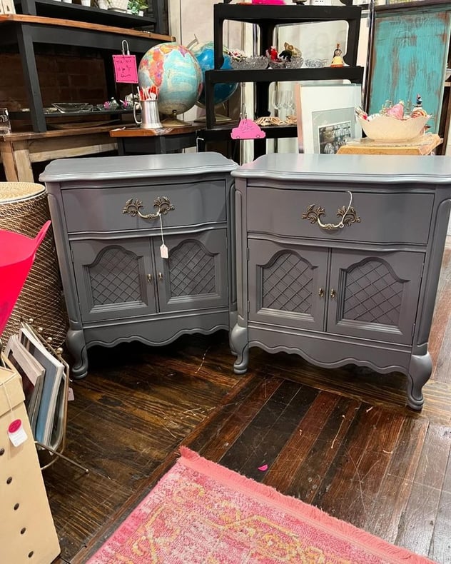 A pair! Gray painted faux French nightstands. 25” x 17” x 27” 